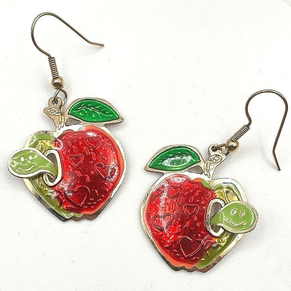 Vintage 80s Fun Red Apple Dangle Earrings Green Leaf & Worm Accent Jewelry Retro